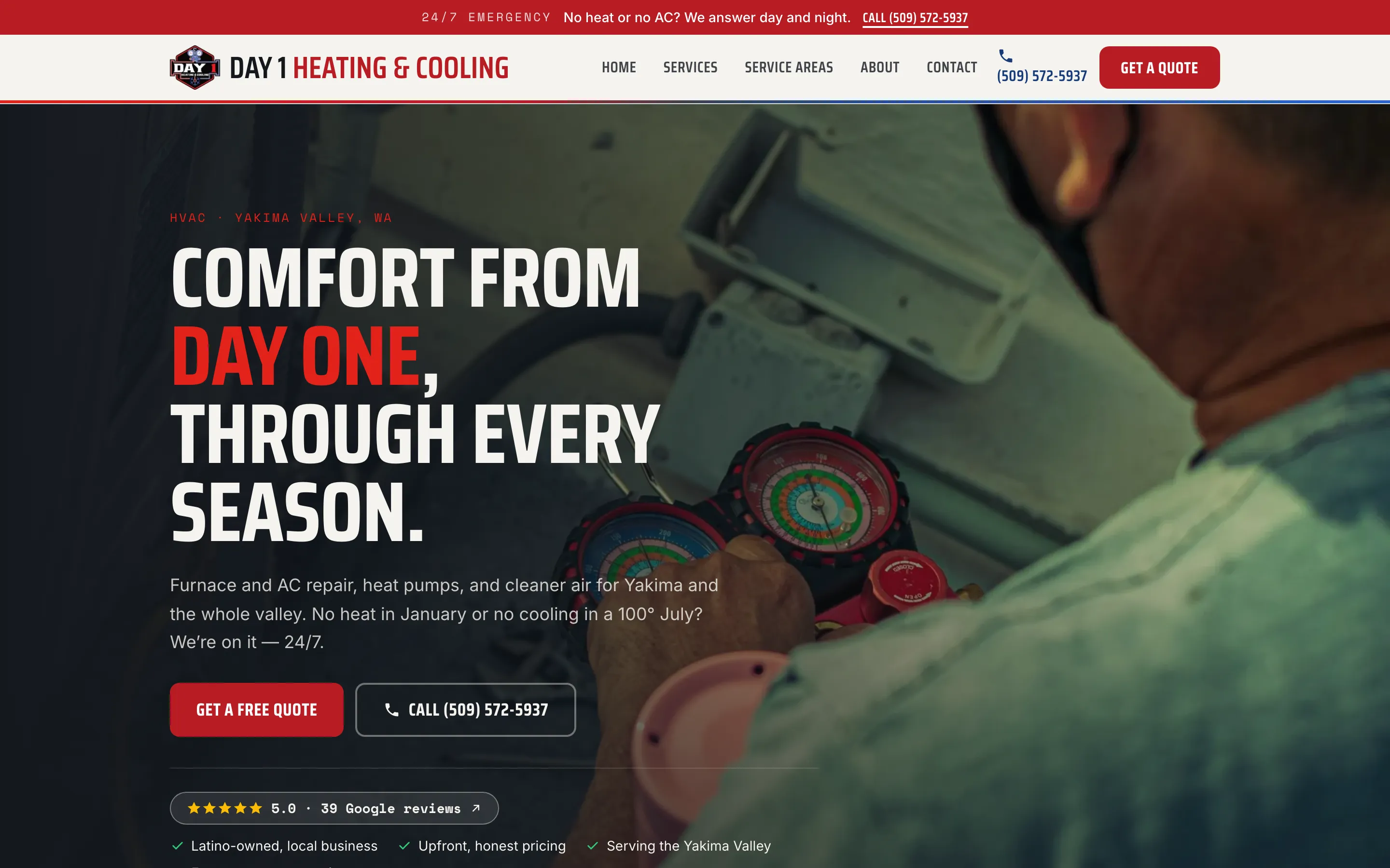 Day 1 Heating & Cooling homepage: a technician’s gauge set behind the headline “Comfort from day one, through every season”, with a red quote button, call button and 24/7 emergency bar.